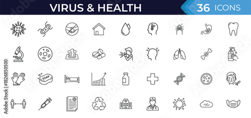 Virus and health issues line icon set. Vector pictograms of bacteria. disease. infection. symptoms. hygiene. protection. medicine and healthcare illustration.