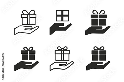 Gift Logo Variations. Present. Icon set. Set Logo of present: hand offering a box. harmonious logo variations of the same emblematic concept, each with