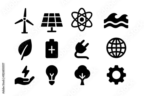 Sustainable Energy Icons. Sustainable power. Solid icon set of sustainable power: turbine, solar panel, atom, water wave, leaf, battery, plug, globe, hand