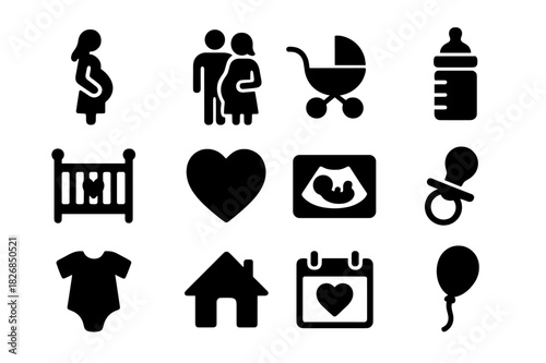 Expecting Family Icons. Expecting family. Solid icon set of Expecting family: pregnant mother, father, baby stroller, baby bottle, crib, heart, ultrasound,