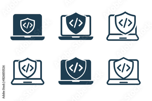 Secure Code Icons. Secure software development and coding practices. Icon set. Set Logo of secure software development and coding practices: shielded laptop.