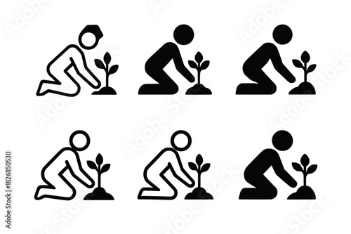 Volunteer Emblem Set. Volunteer in action. Icon set. Set Logo of volunteer in action: person planting tree. harmonious logo variations of the same emblematic