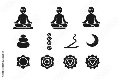Meditation Icon Set. Meditation Practice. Solid icon set of person in lotus position, cross-legged, hands on knees, closed eyes, calm face, yoga mat, cushion,