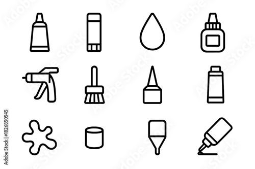 Crafting Adhesives Icons. Crafting adhesives. Line icon set of Crafting adhesives: glue tube, glue stick, glue drop, adhesive bottle, caulking gun, glue brush,