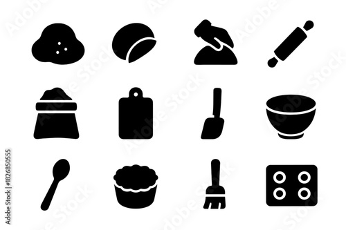 Pastry Preparation Icons. Pastry preparation. Solid icon set of Pastry preparation: dough, filling, hand folding, rolling pin, flour, cutting board, spatula,