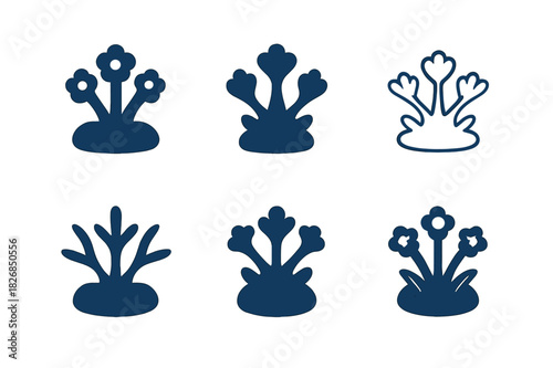 Coral Reefs Icon Set. Coral reefs and marine life ecosystems. Icon set. Set Logo of coral reefs: coral polyp pattern. harmonious logo variations of the same