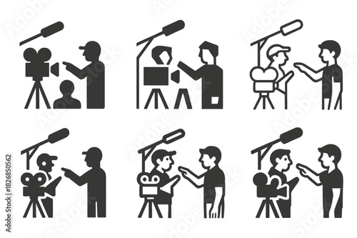 Director's Guidance Icons. A director giving feedback to an actor on their performance. Icon set. Set Logo of a director giving feedback to an actor on their