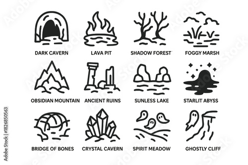 Underworld Icon Set. Underworld myths. Line icon set of underworld myths: Hades, Cerberus, River Styx, Charon, Persephone, Tartarus, Shades, Ghostly Torch,