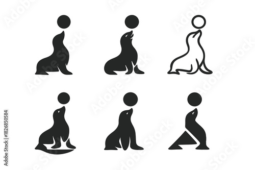 Circus Animals Icons. Circus animals and animal performances. Icon set. Set Logo of circus animals and animal performances: balancing seal with ball.