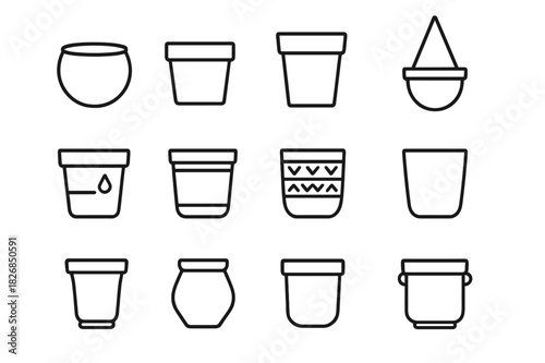 Flower Pot Icon Set. Flower pot designs. Line icon set of flower pot designs: round pot, square pot, tall pot, hanging pot, self-watering pot, ribbed pot,