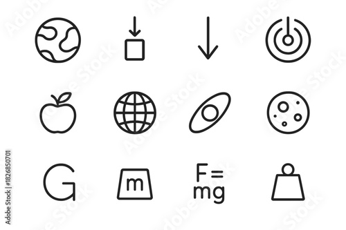 Gravity Icons Set. Mass and gravity. Line icon set of mass and gravity: planet, falling object, arrow down, force field, Newton apple, Earth globe, orbit path,
