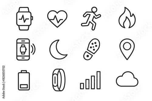 Wearable Health Icon Set. Wearable health tech. Line icon set of wearable health tech: smartwatch, pulse icon, running figure, calories, phone sync, sleep