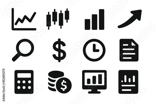 Market Trends Icons. Market trends. Solid icon set of market trends: line chart, candlestick graph, bar chart, upward arrow, magnifying glass, dollar symbol,