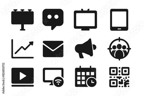 Marketing Icon Grid. Marketing & distribution. Solid icon set of marketing and distribution: billboard, social media, TV screen, smartphone, analytics chart,