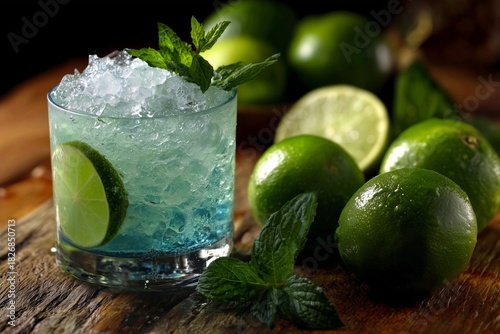 Refreshing Mojito Cocktail With Lime and Mint on a Cool Blue Background