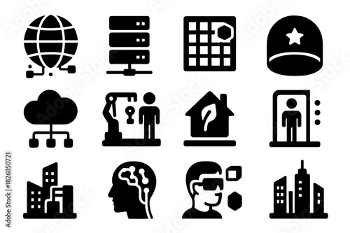 AI Environment Icons. AI environments. Solid icon set of AI environments: digital world, server cluster, simulation grid, virtual space, cloud network, robotic
