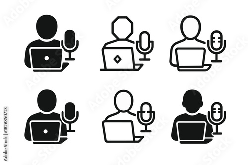 Content Creator Logos. Content creators making videos or writing blogs. Icon set. Set Logo of Content creators making videos or writing blogs: Live streaming