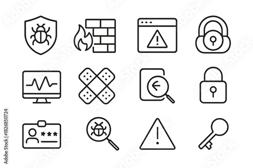 Cybersecurity Tool Icons. Cyber Defense Tools. Line icon set of Cyber Defense Tools: antivirus, firewall, intrusion detection, VPN, monitoring, patch