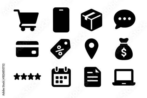 Online Marketplace Icons. Online marketplace. Solid icon set of online marketplace: shopping cart, smartphone, delivery box, chat bubble, credit card, discount