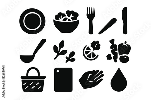 Iconic Table Elements. Table presentation. Solid icon set of Table presentation: plate, salad bowl, fork, knife, serving spoon, herbs, garnish, fresh