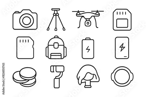 Field Photography Icons. Field Photography Gear. Line icon set of Field Photography Gear: camera, tripod, drone, lens, memory card, backpack, battery, power