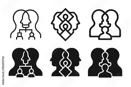 Digital Avatar Logos. Digital avatars and evolving identity. Icon set. Set Logo of digital avatars: interconnected digital profiles. harmonious logo variations