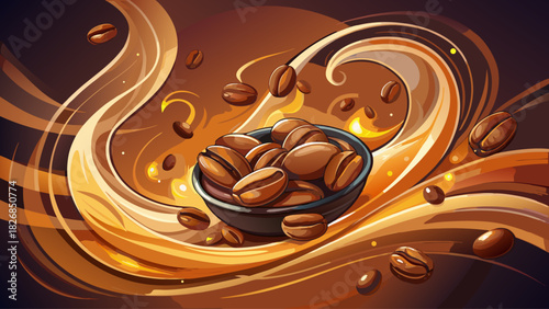 Aromatic coffee beans swirling above rich roasted grounds, enhanced with warm smoke trails and soft cinematic bokeh for premium café branding and product promotion