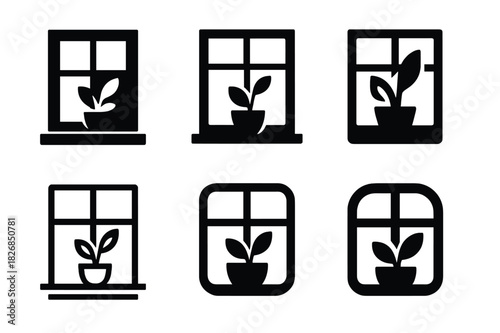 Indoor Plant Logo Icons. placing indoor plants around the house. Icon set. Set Logo of placing indoor plants around the house: plants by windowsill. harmonious