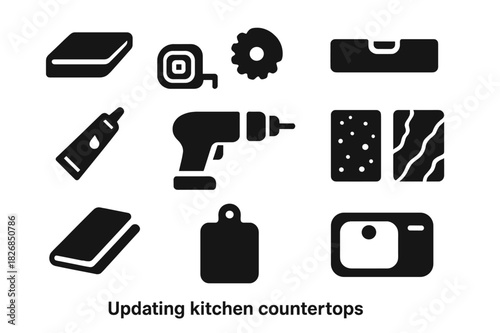 Kitchen Countertop Tools Icons. Updating kitchen countertops. Solid icon set of Updating kitchen countertops: countertop slab, measuring tape, saw blade, level