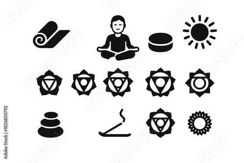Yoga Icon Set. Yoga Meditation. Solid icon set of person in lotus position, cross-legged pose, hands on knees, closed eyes, calm face, yoga mat, cushion,