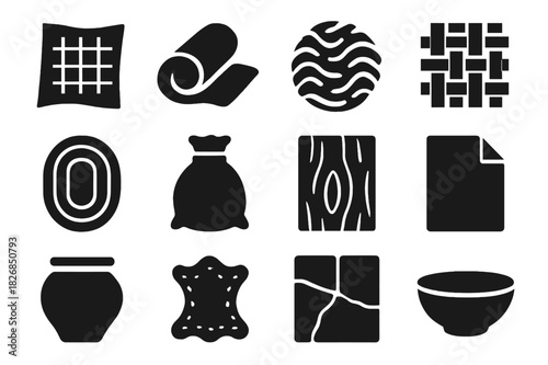 Neutral Material Icons. Neutral materials. Solid icon set of Neutral materials: linen fabric, cotton roll, wool texture, rattan weave, jute rug, burlap sack,