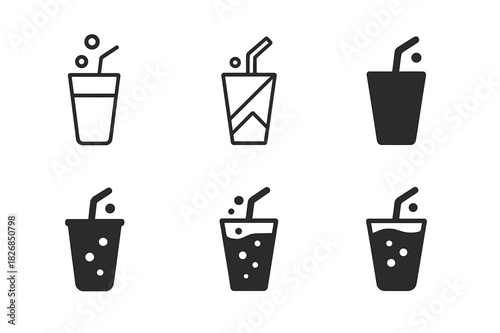 Soda Pop Logo Set. Soda pop. Icon set. Set Logo of soda pop: cup with straw and fizz. harmonious logo variations of the same emblematic concept, each with