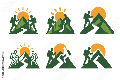 Hiking Icon Variations. People hiking in the mountains on a warm day. Icon set. Set Logo of hiking: mountain trail with sun. harmonious logo variations of the