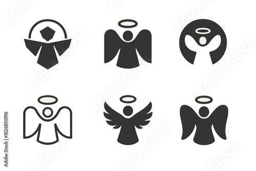 Angelic Icon Set. angelic presence. Icon set. Set Logo of angelic presence: winged silhouette with halo glow. harmonious logo variations of the same emblematic