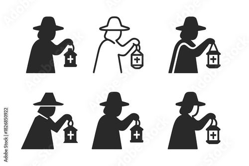 Pilgrim Icon Variations. Holy pilgrimage. Icon set. Set Logo of Holy pilgrimage: Pilgrim holding lantern. harmonious logo variations of the same emblematic