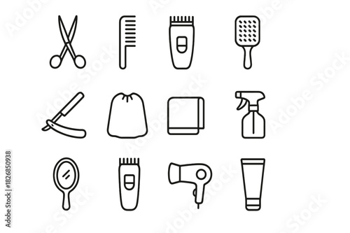 Hairdressing Icon Set. Hairdressing accessories. Line icon set of Hairdressing accessories: scissors, comb, hair clipper, hairbrush, razor, cape, towel, spray