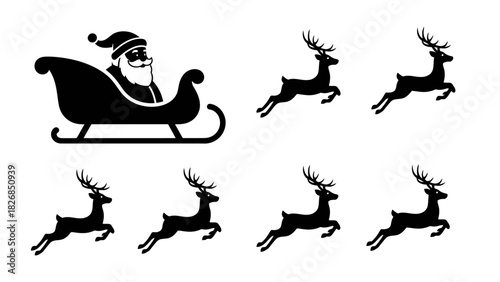 Santa Claus and reindeer sleigh in silhouette, Christmas holiday celebration