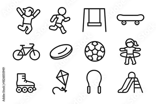 Energetic Playtime Icons. Energetic Playtime. Line icon set of Energetic Playtime: jumping kid, running child, swing, skateboard, bicycle, frisbee, soccer