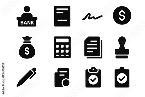 Banking Icons Set. Banking Operations. Solid icon set of Banking Operations: teller desk, deposit slip, signature, money bag, calculator, coin, pen, document