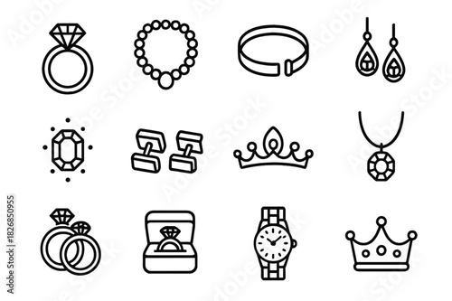 Luxury Jewelry Icons. Luxury jewelry. Line icon set of luxury jewelry: diamond ring, pearl necklace, gold bracelet, gemstone earrings, brooch, cufflinks,