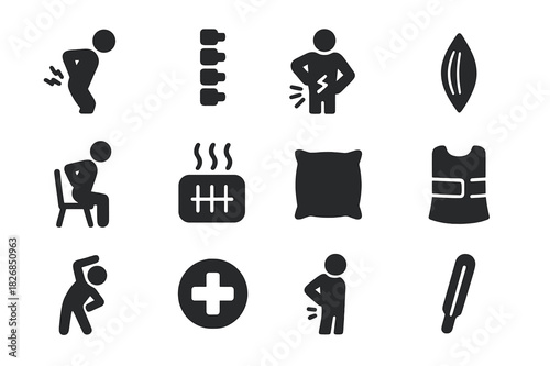Back Pain Icons. Muscle Strain. Solid icon set of person holding back, muscle, spine, pain lines, back brace, hot pack, chair, pillow, stretching pose, medical