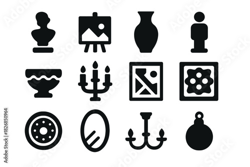 Artistic Accessories Icons. Artistic accessories. Solid icon set of Artistic accessories: sculpture, painting, vase, figurine, decorative bowl, candleholder,