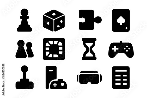 Board Game Icons. Board Games. Solid icon set of chess piece, dice, puzzle piece, playing card, tokens, board game, timer, game controller, joystick, console,