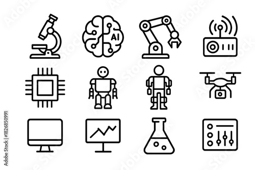 Robotic Research Icons. Robotic Research. Line icon set of Robotic Research: microscope, AI brain, robotic arm, sensor module, microchip, humanoid robot,