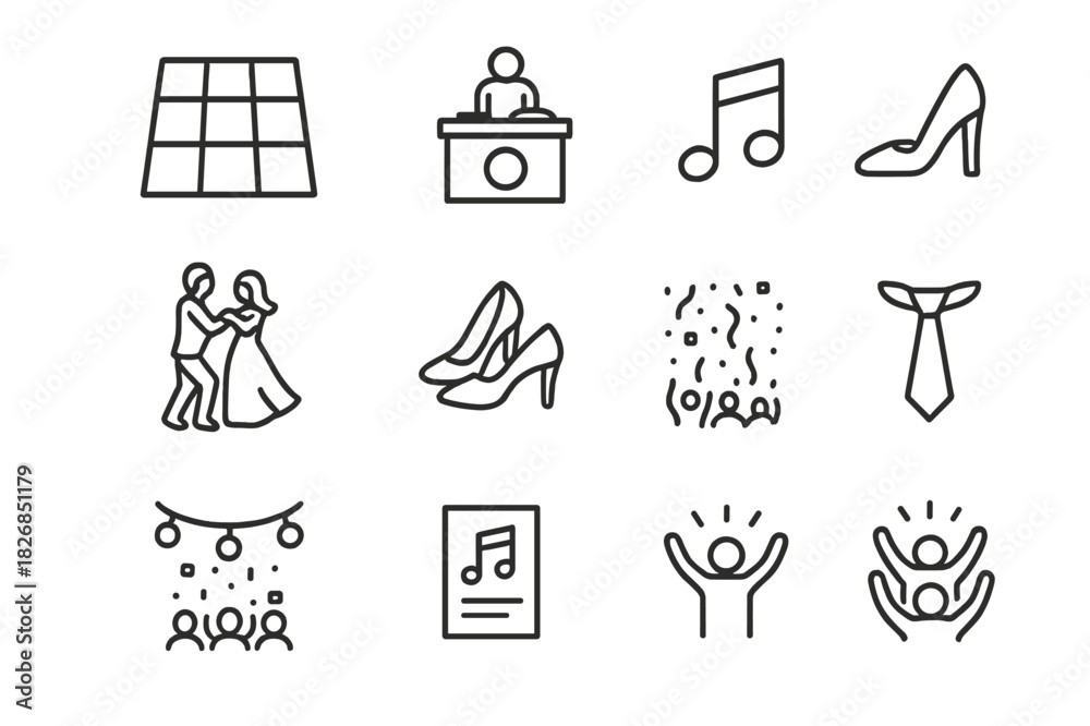 Fototapeta premium Wedding Dance Icons. Reception dance floor. Line icon set of reception dance floor: light-up tiles, DJ booth, music note symbol, dancing couple, bride?s shoes,