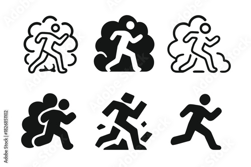 Running Through Smoke Logos. running through smoke. Icon set. Set Logo of running through smoke: athlete breaking through fog. harmonious logo variations of