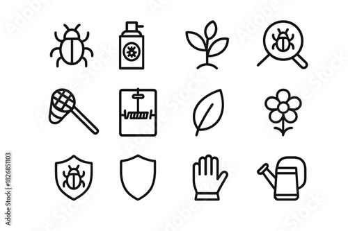 Pest Control Icons. Pest control. Line icon set of pest control: insect, pesticide spray, plant, magnifying glass, net, trap, leaf, flower, bug, shield, glove,