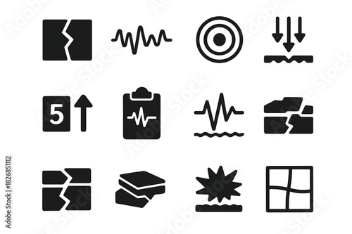 Seismic Activity Icons. Seismic activity. Solid icon set of Seismic activity: fault line, wave propagation, earthquake epicenter, magnitude icon, seismograph,