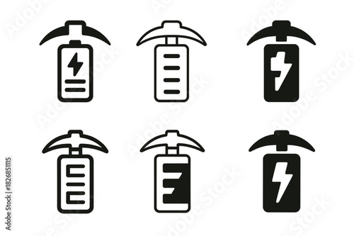 Energy-Efficient Mining Logos. Efficient energy use in mining industries. Icon set. Set Logo of efficient energy use in mining industries: battery icon merging