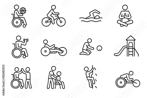 Inclusive Activities Icons. Inclusive Activities. Line icon set of Inclusive Activities: wheelchair basketball, adaptive cycling, para-swimming, adaptive yoga,